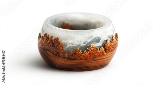 A coolfrosty silver wood resin ring, handmade with epoxy resin, standing out against a pristine white background