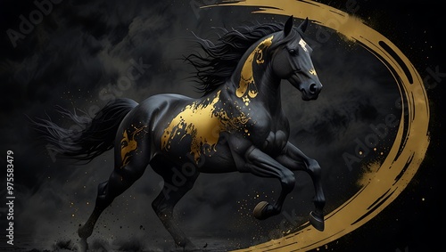 A black horse with gold accents gallops across a dark background	