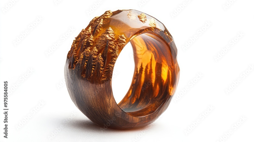 Fototapeta premium A glowingcopper bronze wood resin ring, highlighting intricate handmade craftsmanship, isolated on a white backdrop