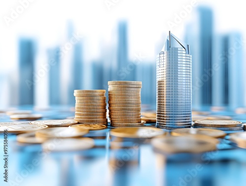 abstract business background with buildings and coins