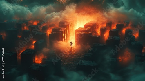 A lone figure walks towards a bright light in a fiery maze.