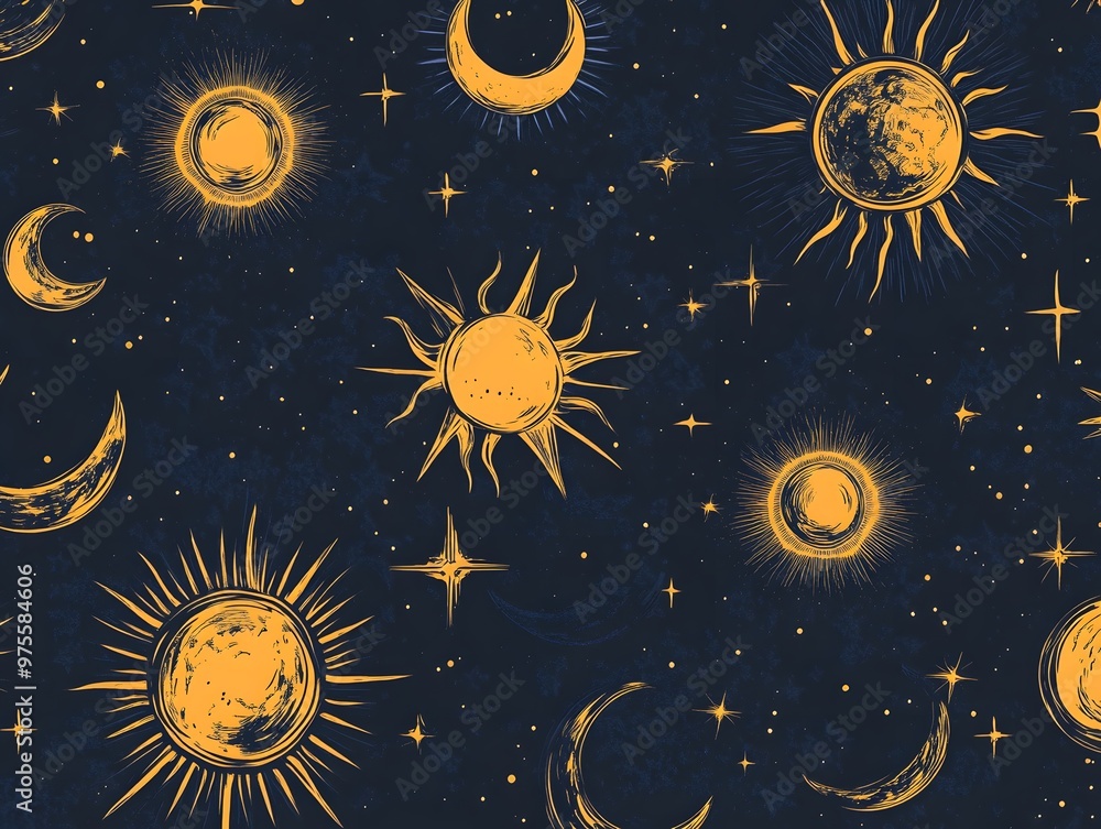 Celestial pattern with suns moons and stars on a dark background Celestial pattern with suns moons and stars on a dark background