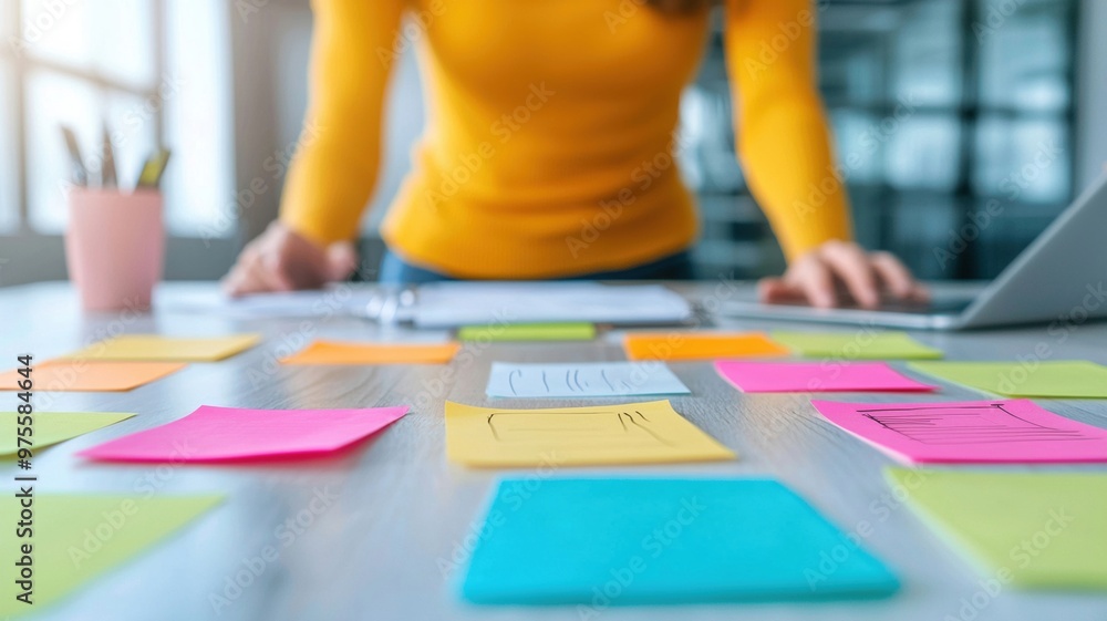 A person in yellow sweater is focused on brainstorming with colorful sticky notes spread across table, creating an engaging and collaborative atmosphere A person in yellow sweater is focused on brainstorming with colorful sticky notes spread across table, creating an engaging and collaborative atmosphere