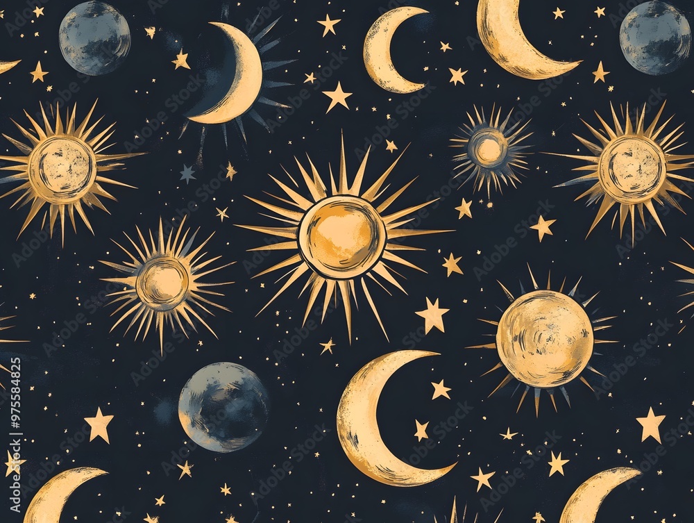 Celestial pattern with suns moons and stars on a dark background Celestial pattern with suns moons and stars on a dark background