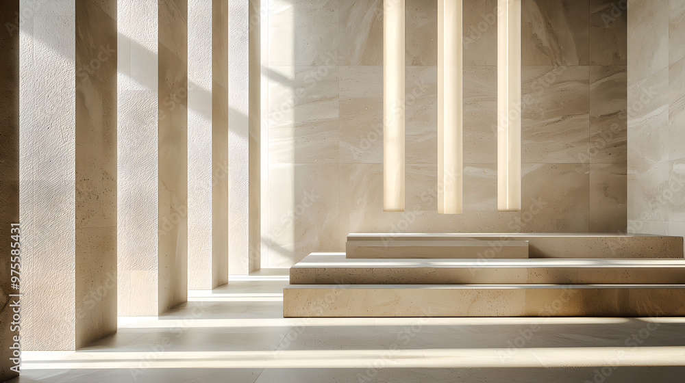 minimalist podium with stone, backdrop features a clean, elegant wall