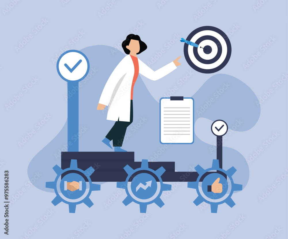 Business data analysis and robotic process automation management. Consultant touches gears connected to KPI financial charts and graphs 2d flat vector illustrations Business data analysis and robotic process automation management. Consultant touches gears connected to KPI financial charts and graphs 2d flat vector illustrations