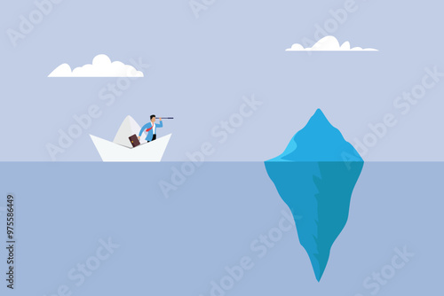 Business risks. Businessman in paper boat sailing near iceberg 2d flat vector illustrations