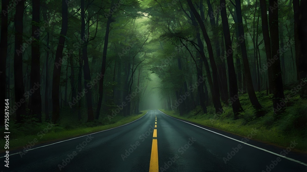 Fototapeta premium Serene Green Path Through a Mysterious Woodland on a Rainy Day