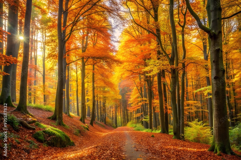 Serene autumn forest scene with tall trees covered in vibrant orange and yellow leaves. Pathway bathed in golden sunlight. Tranquil atmosphere captures beauty of fall foliage in nature Serene autumn forest scene with tall trees covered in vibrant orange and yellow leaves. Pathway bathed in golden sunlight. Tranquil atmosphere captures beauty of fall foliage in nature