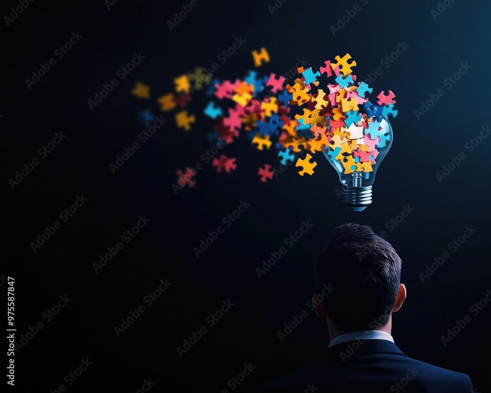 Creative concept of innovative thinking symbolized by colorful puzzle pieces emerging from a light bulb above a person's head. Creative concept of innovative thinking symbolized by colorful puzzle pieces emerging from a light bulb above a person's head.