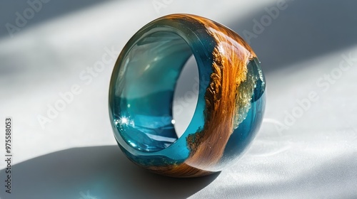 A vibrantpeacock teal wood resin ring, handmade with epoxy resin, contrasting beautifully against the white background photo