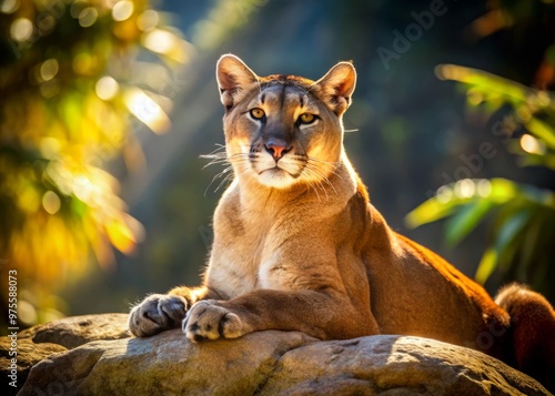 A majestic mountain lion lazes in the dappled sunlight filtering through the trees, its tawny fur glistening with tranquility. photo