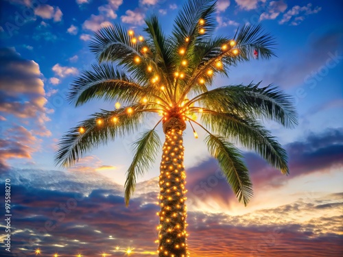 Palm tree twinkles with festive cheer against a twilight sky, its fronds sparkling like a celestial treasure trove of Christmas magic.