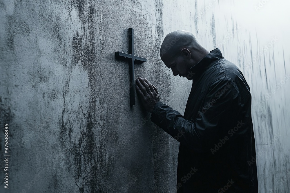 Reflective contemplation: man in prayer at cross on weathered wall Reflective contemplation: man in prayer at cross on weathered wall