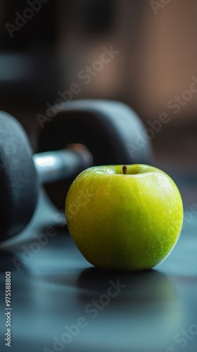 green apple with dumbbell in gym setting, fitness and health concept