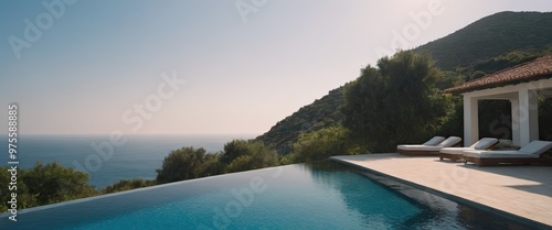 A large white house with a swimming pool in front of it