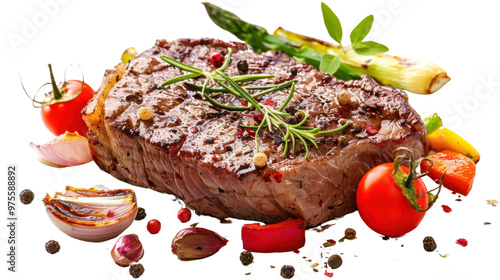 Roasted beef steak with vegetables on transparent background