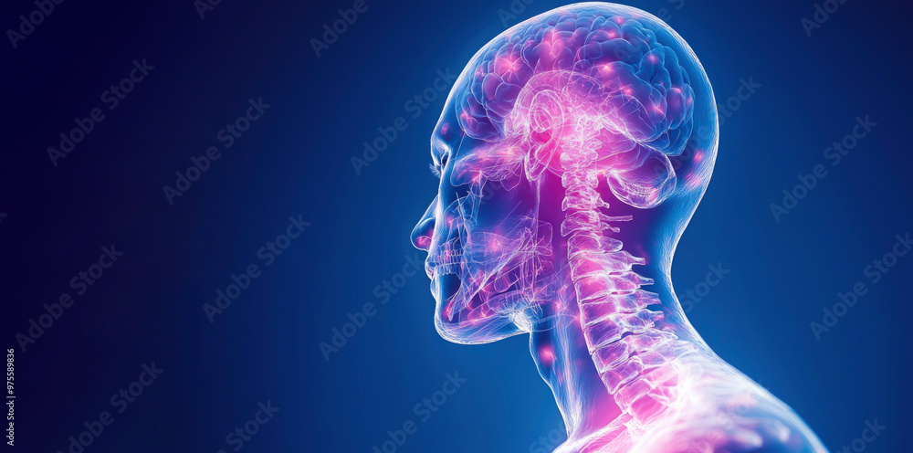 A colorful representation of a human brain and spine highlighting neural connections and anatomy in a vibrant blue backdrop A colorful representation of a human brain and spine highlighting neural connections and anatomy in a vibrant blue backdrop