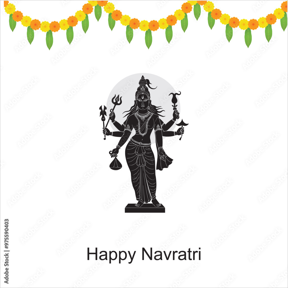 Naklejka premium Happy Navratri festival celebration poster or banner design, illustration of Goddess Durga Maa, woman dancing with dandiya stick and drummer