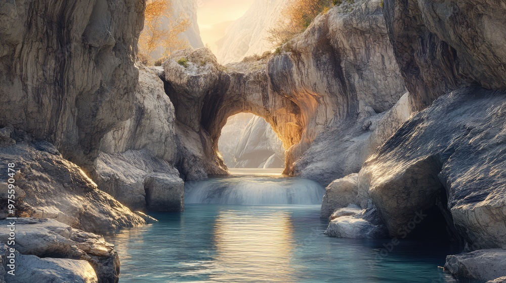 Naklejka premium A serene river surrounded by pale stone cliffs, flowing through a natural archway under a soft, diffused light