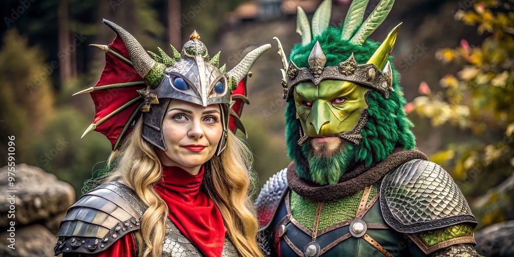 A creatively dressed couple poses together, he as a medieval knight and she as a mystical dragon, showcasing A creatively dressed couple poses together, he as a medieval knight and she as a mystical dragon, showcasing