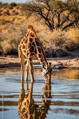 a giraffe drinking water photo