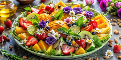 Colorful arrangement featuring a mix of exotic fruits, edible flowers, and fresh herbs, with a drizzle of honey and a sprinkle of toasted almonds.