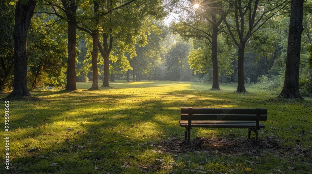 A solitary bench sits in a sun-drenched park, surrounded by tall trees and a vibrant green lawn. The morning sun casts long shadows, creating a peaceful and serene atmosphere. A solitary bench sits in a sun-drenched park, surrounded by tall trees and a vibrant green lawn. The morning sun casts long shadows, creating a peaceful and serene atmosphere.