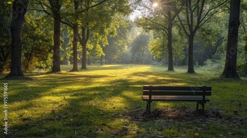 A solitary bench sits in a sun-drenched park, surrounded by tall trees and a vibrant green lawn. The morning sun casts long shadows, creating a peaceful and serene atmosphere.