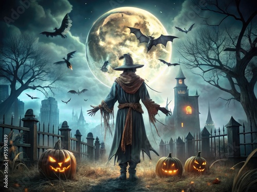 A creepy scarecrow stands guard amidst a spooky Halloween cityscape, illuminated by a full moon, surrounded by cobwebs, bats, and eerie autumnal atmosphere. photo