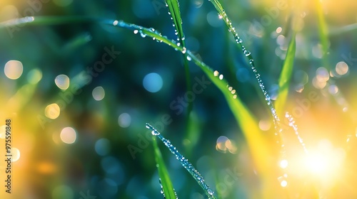 Close-up of fresh dewdrops on vibrant green grass blades with morning sunlight creating a dreamy, blurred background. photo