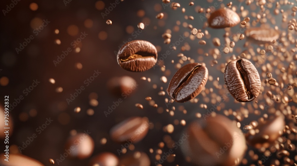 Dynamic Coffee Beans, roasted coffee beans suspended in mid-air, cascading against a rich, dark smoky backdrop, evoking an intense, aromatic experience. Dynamic Coffee Beans, roasted coffee beans suspended in mid-air, cascading against a rich, dark smoky backdrop, evoking an intense, aromatic experience.