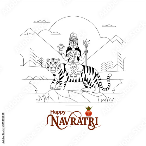 Happy Navratri festival celebration poster or banner design, illustration of Goddess Durga Maa, woman dancing with dandiya stick and drummer