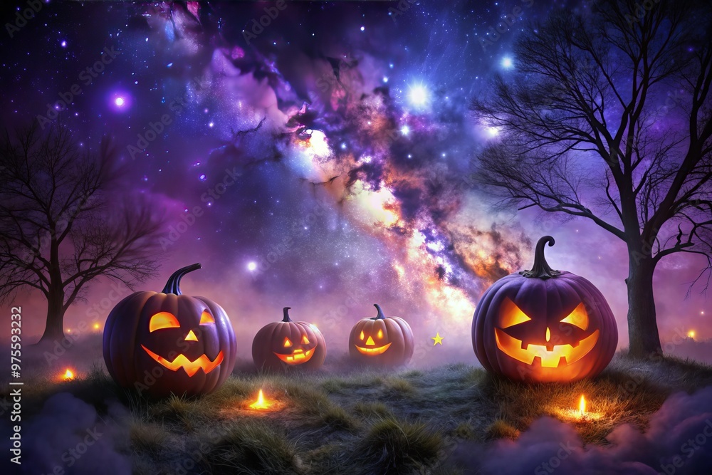 A dark purple galaxy background illuminates a spooky Halloween scene with glowing jack-o'-lanterns, eerie fog, and A dark purple galaxy background illuminates a spooky Halloween scene with glowing jack-o'-lanterns, eerie fog, and