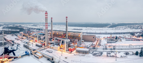 Coal power plant in winter produces electricity and heating for east bohemia households. Industrial landscape.