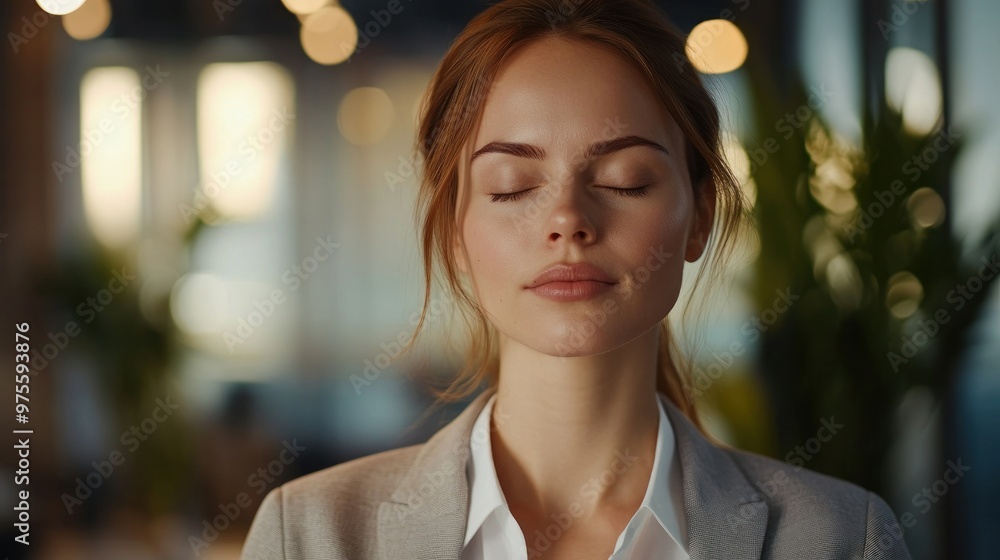 Portrait of a Woman with Closed Eyes in Office Setting Portrait of a Woman with Closed Eyes in Office Setting