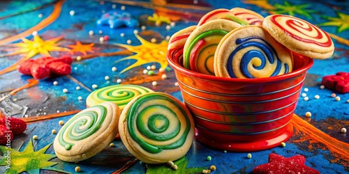 Brightly colored cookies with swirly designs and bold lines, spilling out of a vibrant green container filled with gooey white dough, surrounded by splashy red and blue backgrounds.