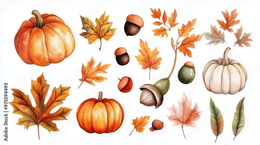 Maple leaves, pumpkins, nuts in clip art Maple leaves, pumpkins, nuts in clip art