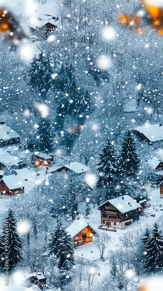 A picturesque winter village scene with snow-covered houses, glowing lights, and falling snowflakes, creating a serene and festive atmosphere. A picturesque winter village scene with snow-covered houses, glowing lights, and falling snowflakes, creating a serene and festive atmosphere.