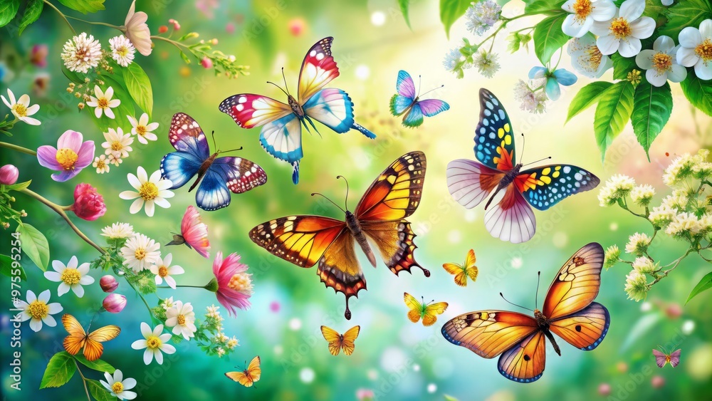 Colorful butterflies with vibrant wings and delicate details, set against soft backgrounds of green leaves and white flowers, surrounded by fluttering tendrils of flowers. Colorful butterflies with vibrant wings and delicate details, set against soft backgrounds of green leaves and white flowers, surrounded by fluttering tendrils of flowers.