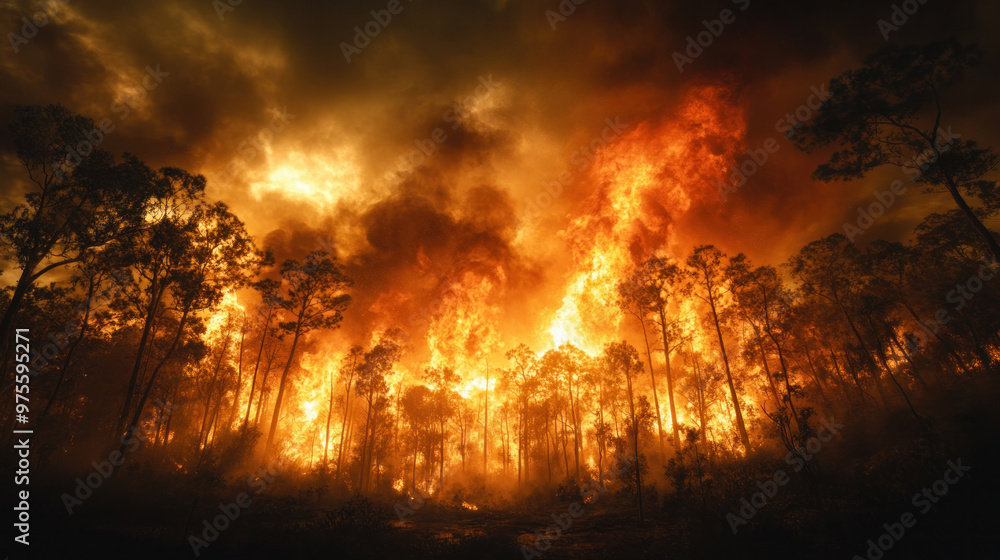 Naklejka premium A bright orange blaze lights up the night sky, spreading rapidly through a dense forest.