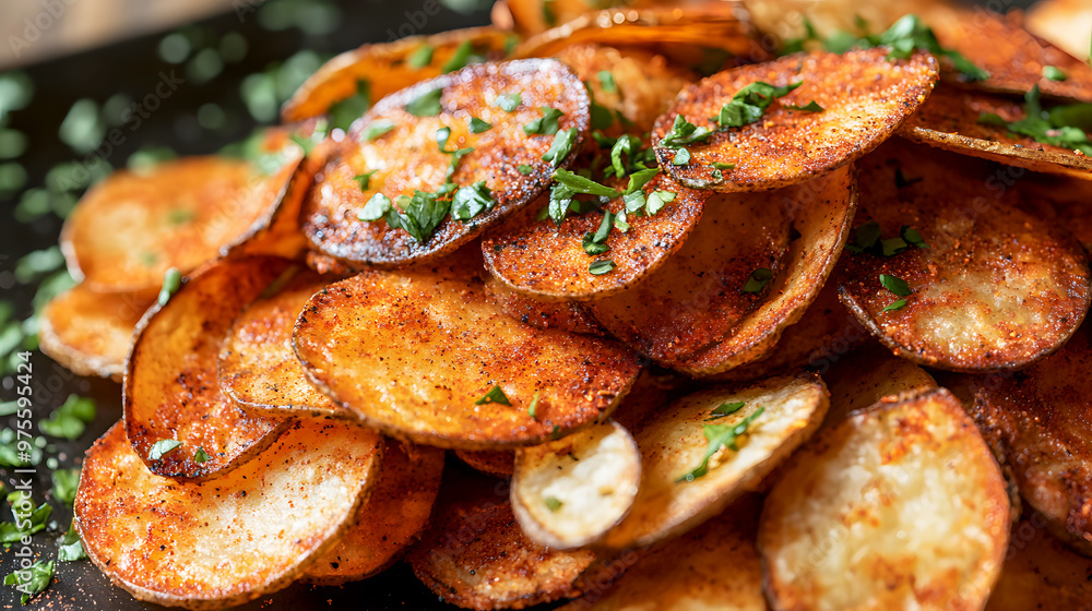 pile of barbecue-flavored potato chips, coated with a smoky, red seasoning that adds a burst of flavor pile of barbecue-flavored potato chips, coated with a smoky, red seasoning that adds a burst of flavor