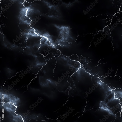 Dramatic night sky filled with lightning and dark storm clouds, capturing the power and intensity of a thunderstorm. photo