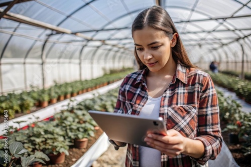 Modern Farmer Using Tablet in Vibrant Garden for Sustainable Agriculture