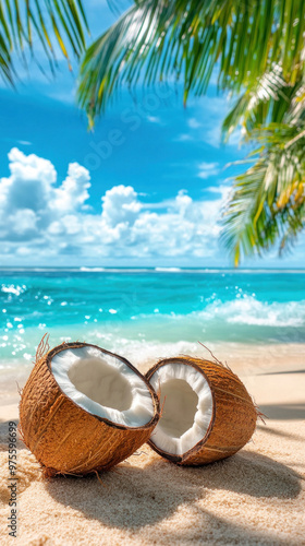 Wallpaper Mural A coconut lies open on the beach, with the blue ocean waves in the background creating a perfect tropical scene. Torontodigital.ca