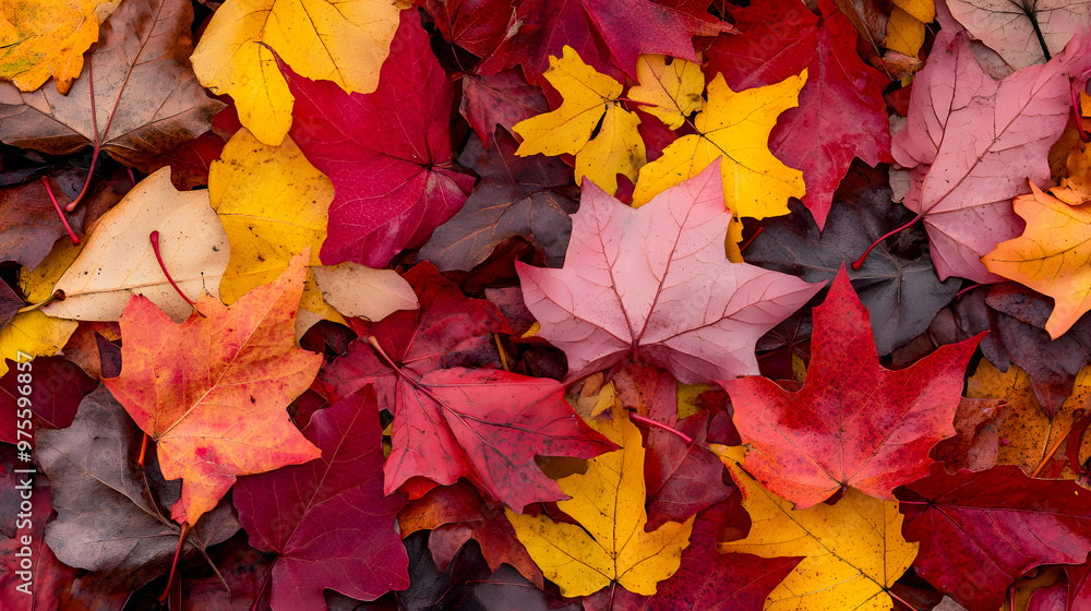 pile of fallen maple leaves in varying shades of red and yellow, capturing the rich textures pile of fallen maple leaves in varying shades of red and yellow, capturing the rich textures