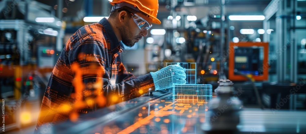 Male factory worker wearing safety hardhat and uniform inspecting and operating heavy industrial machinery in a manufacturing facility or workshop