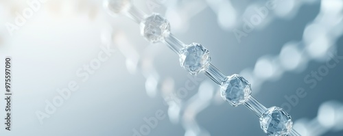 A close-up view of molecular structures with water droplets, showcasing intricate connections and a serene, soft-focus background.