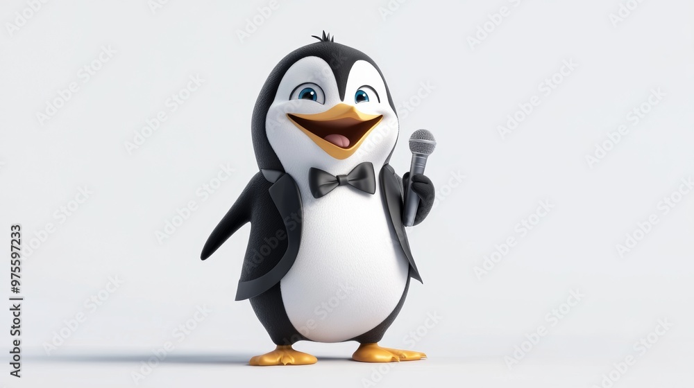 Obraz premium Cute Cartoon Penguin Holding Microphone