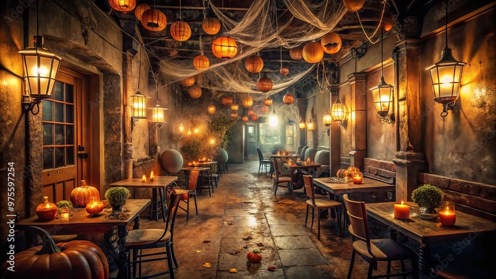 Naklejka premium A dimly lit, eerie abandoned restaurant hallway at night, decorated with cobwebs, jack-o-lanterns, and balloons,